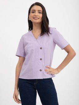 FableStreet - Linen V-neck Button Top - Lavender