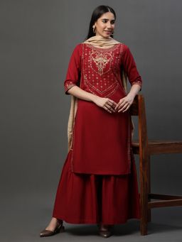 Aurelia - Red Embellished Short Kurta With Sharara And Dupatta (Set of 3)