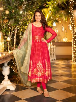 Aurelia - Red Embellished Anarkali Festive Kurta With Leggings And Dupatta (Set of 3)