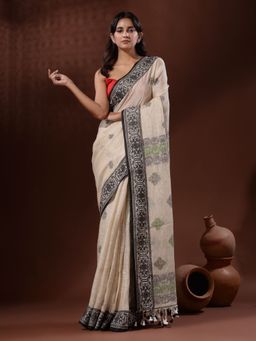 CHARUKRITI - off White Linen Handwoven Saree with Nakshi Border with Unstitched Blouse