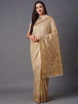 Akhilam - Cream Festive Silk Blend Woven Design Saree with Unstitched