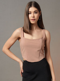 Trend Arrest - Women's Beige Solid Crop Top