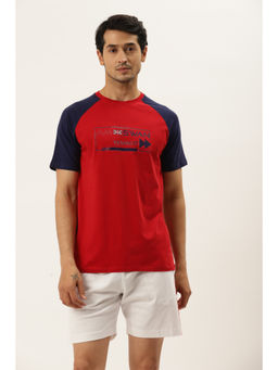 AM SWAN - Mens Red Cotton Rich Lycra Raglan Crew Neck T-Shirt