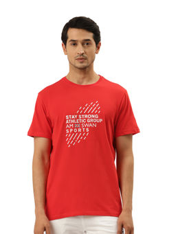 AM SWAN - Mens Red Cotton Lycra Printed Half Sleeve Crew Neck T-Shirt