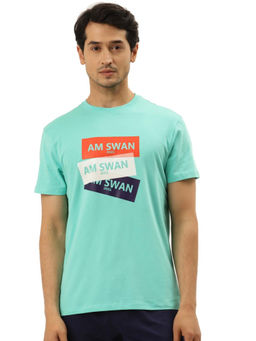AM SWAN - Mens Green Cotton Printed Half Sleeve Crew Neck T-Shirt