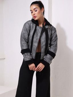 Oh Rare - Charcoal Grey and Black Fleece Detail PU Jacket