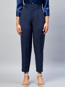 DELAN - Women Navy Blue Relaxed Slim Fit High-Rise Easy Wash Trousers