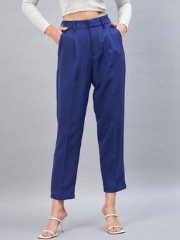 DELAN - Women Blue Smart Tapered Fit High-Rise Easy Wash Pleated Trousers