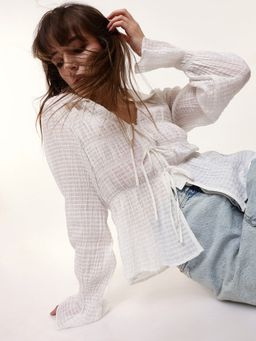 Dennis Lingo - Collared Front Tie-Up Ruched Semi Sheer Shirt Style Top