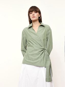 Dennis Lingo - Green Striped Shirt Style Wrap Top