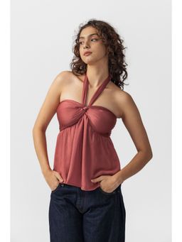 PAST MODERN - Brown Solid Halter Knot Top