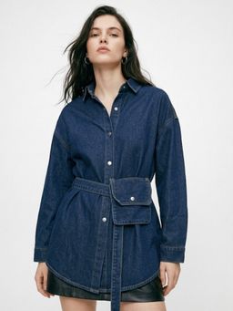 Outzidr - Navy Blue Oversized Shirt With Belt Pocket