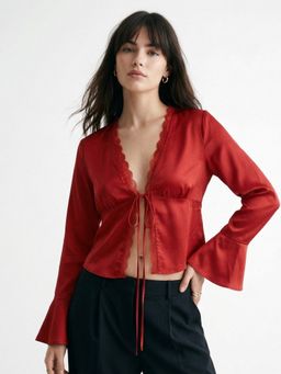 Outzidr - Maroon Bell Sleeves Front Tie-Up Lace Top