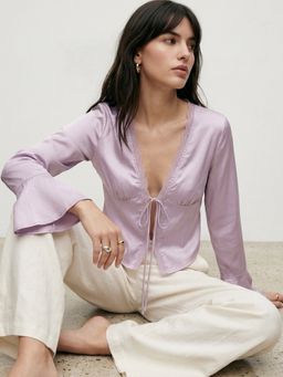 Outzidr - Lavender Bell Sleeves Front Tie-Up Lace Top