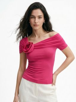 Outzidr - Pink Off-Shoulder Top With Rose Corsage Detail Top