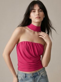 Outzidr - Pink Solid Tube Mesh Top With Scarf Detail