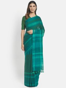 Fabindia - Green Cotton Checks Woven Saree without Blouse