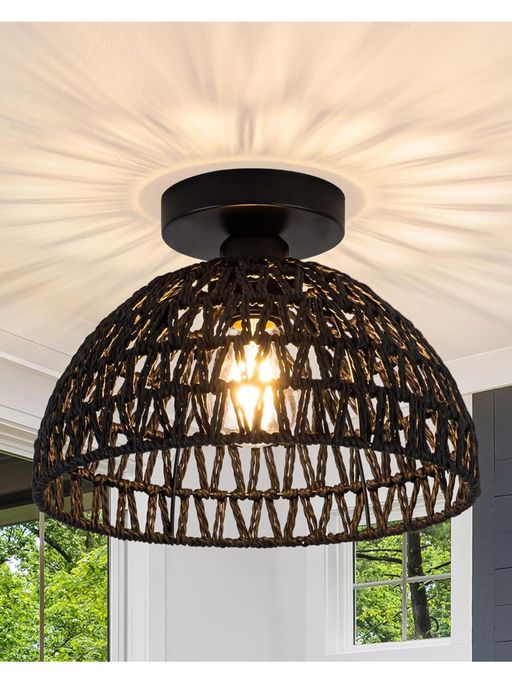 Homesake Rattan11" Semi Flush Mount Ceiling Light,Black