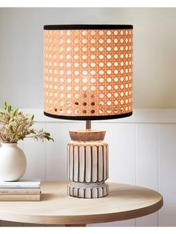 Homesake - Retro Table Lamp Wood Carved Cylinder,Rattan Cane