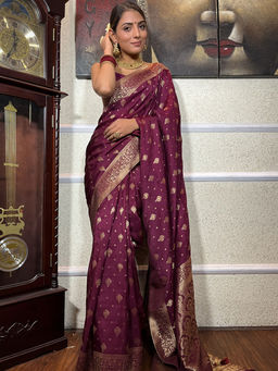 ZILIKAA - Plum Wine Banarasi Uppada Silk Saree with Unstitched Blouse