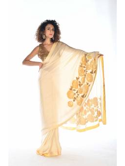 ISADAA BY ROTNA DUTT - Yellow Motif Hand Embroidery Saree with Stitched Blouse