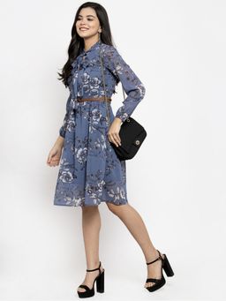 KASSUALLY - Blue Floral Neck Tie Up Midi Dress