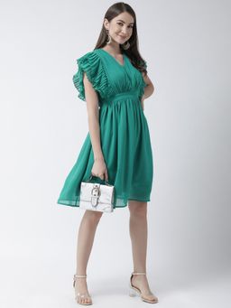 KASSUALLY - Green V Neck Pleated Sleeves Midi Dress