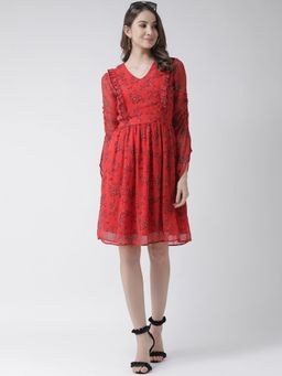 KASSUALLY - Red V Neck Frilly Skater Dress