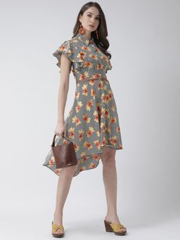 KASSUALLY - Grey Asymmetric Floral Dress With Belt (Set of 2)