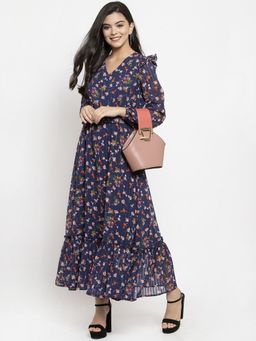 KASSUALLY - Blue Color Gathered Floral Maxi Dress