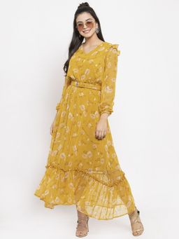 KASSUALLY - Yellow Color Gathered Floral Maxi Dress