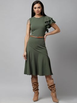 KASSUALLY - Olive One Shoulder Frill Dress
