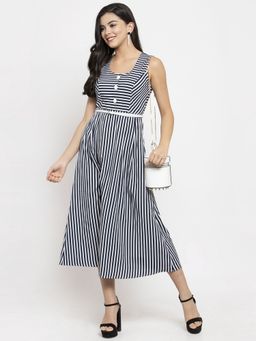 KASSUALLY - Navy Blue Color Stripe Button Maxi Dress