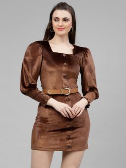 KASSUALLY - Brown Square Neck Dress