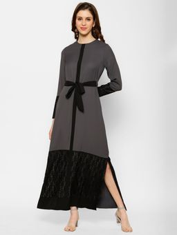 KASSUALLY - Grey Embellished Net Tie-up Dress