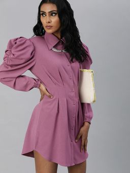 KASSUALLY - Purple Power Shoulder Pintex Dress