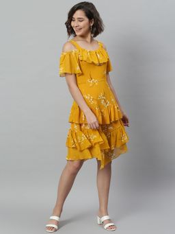 KASSUALLY - Mustard Floral Layered Ruffle Dress