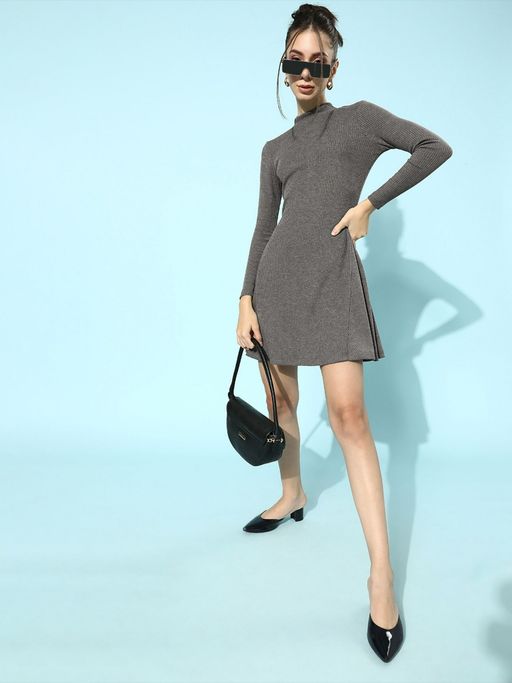 Buy KASSUALLY Light Grey High Neck Full Sleeves Skater Dress Online