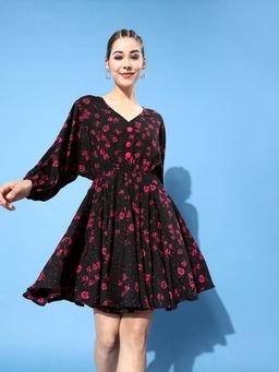 KASSUALLY - Stylish Black Floral Swirling Volume Dress