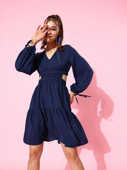 KASSUALLY - Navy V Neck Fit & Flare Waist Cutout Dress