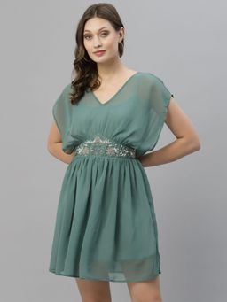 KASSUALLY - Green V-neck Embellished Dress