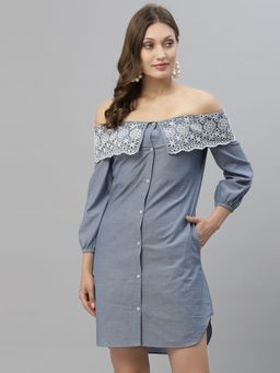 KASSUALLY - Blue Off-shoulder Sheath Dress