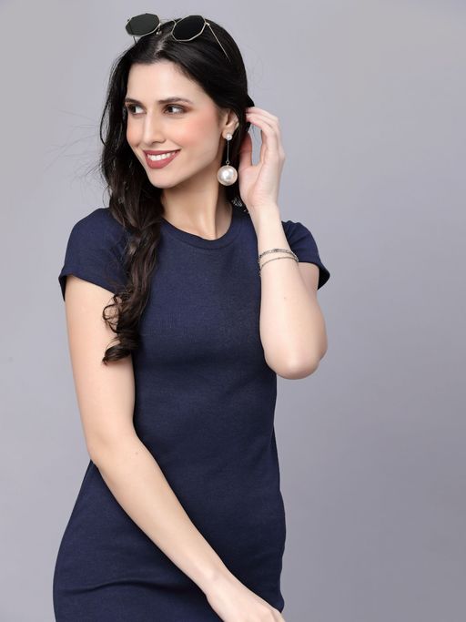 open lace back dress Blue Ribbed Bodycon Midi Dress