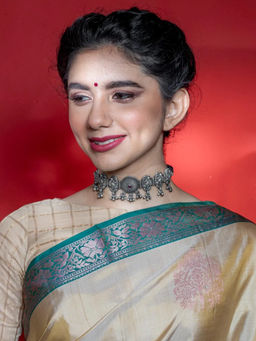 Divas Mantra - 92.5 Silver Oxidised ADIBA Choker with Red Spinel Stone