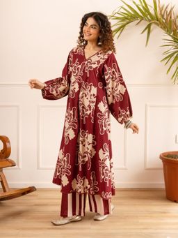 Autumnlane - Maroon Printed Full Sleeves Kurt And Pant