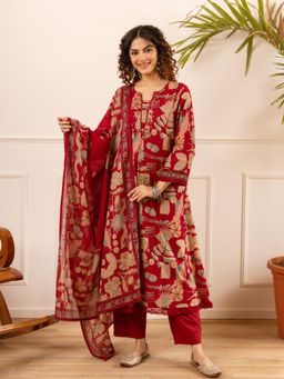 Autumnlane - Red Printed Three Fourth Sleeves Kurta Pant With Dupatta