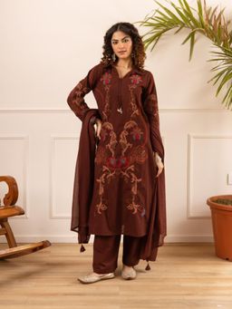 Autumnlane - Karen Chestnut Embroidery Cotton Kurta with Palazzo & Dupatta