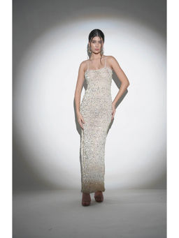 Realm By Vaishali - Aria Off White Golden Sequin Crochet Maxi Dress