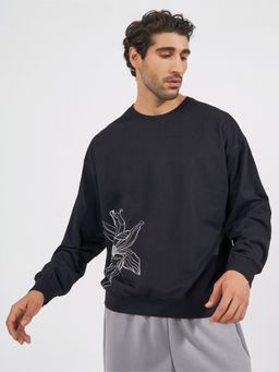Styli - Men Black Placement Floral Print Boxy Fit Sweatshirt