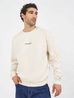 Styli - Men Cream Minimal Social Media Chest Printed Relaxed Fit Sweatshirt